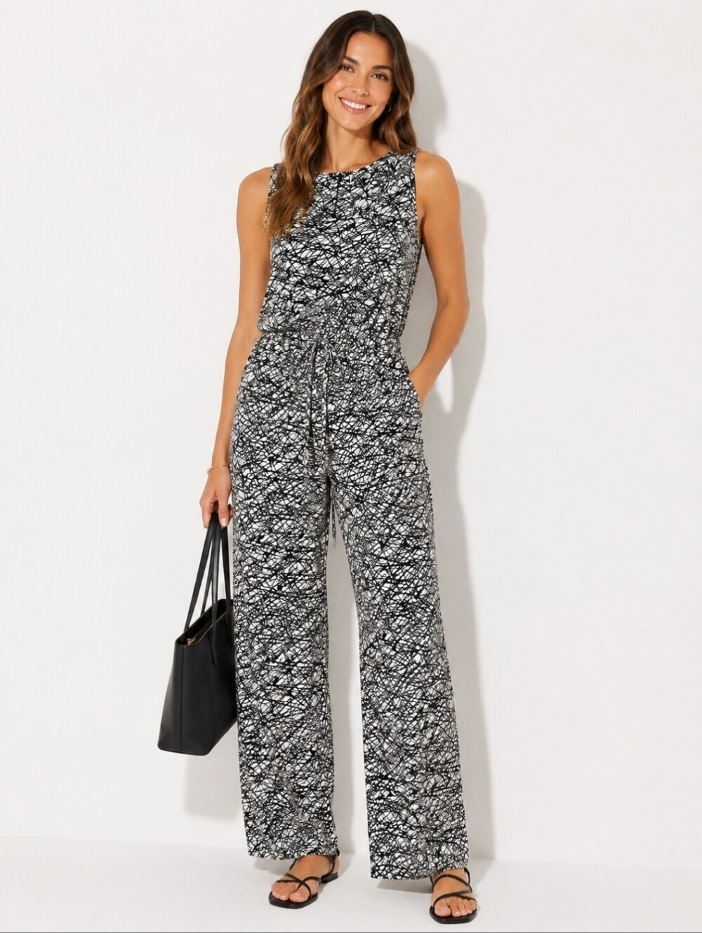Calvin Klein Black & White Scribble Print Sleeveless Jumpsuit Size 6 Travel